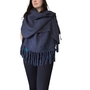 Oversized Navy Blue Knit Wrap Shawl Fringe Cozy Luxe OS. Classic Casual Chic